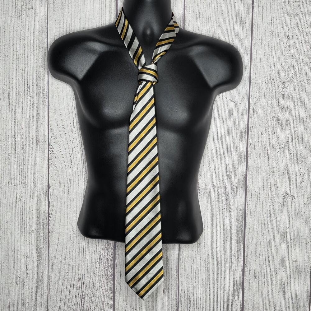 Ben Silver Pure English Silk Regimental Stripe Tie Silver Black Gold 61.5" x 3.5